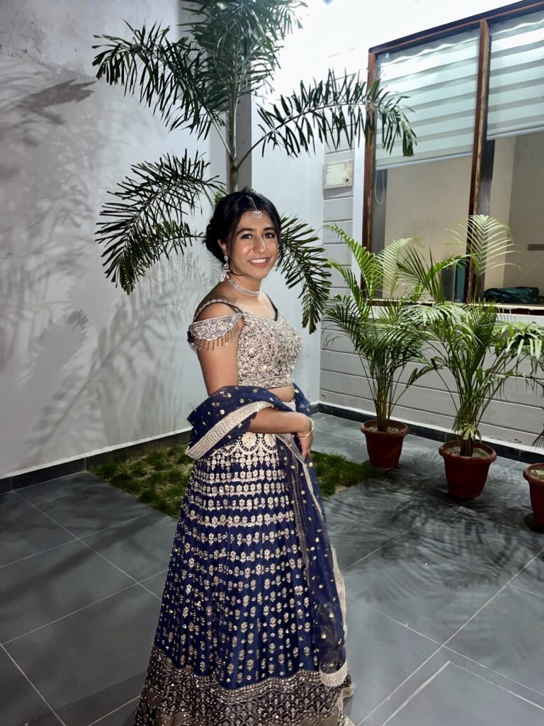 desi girl in navy sparkle lengha